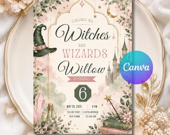 Witch Birthday Invitation Digital Wizard Movie Party Magical Witches Musical Invitation Pastel Pink Green Cinema Personalized Canva Template