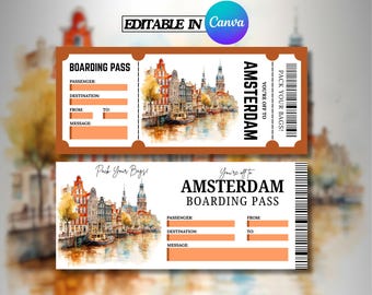 Billete sorpresa digital de Ámsterdam, tarjeta de embarque imprimible de Holanda, billete de avión falso, billete de vacaciones, revelación de viaje sorpresa