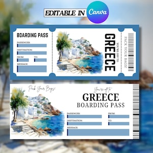 Puede incluir: Dos tarjetas de embarque azules con una ilustración en acuarela de un pueblo costero griego. Las tarjetas tienen campos para los detalles del pasajero y el texto "GREECE" y "Pack Your Bags!". También está presente la frase "Editable in Canva".