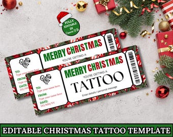 Christmas Tattoo Ticket | Experience Gift Voucher | Printable Tattoo Coupon | Editable Gift Certificate | Couples Gift | Instant Download
