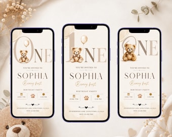 Beary First Birthday Digital Invitation Teddy Bear Neutral Bear Balloon Evite Template Brown Balloon Bear Birthday