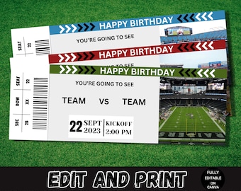 Football Ticket Birthday Present, Editable Football Ticket Gift - Perfect way to give digital football tickets as a gift!