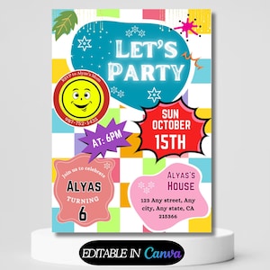 Editable Checkered Smiley Face Birthday invite, Groovy Retro birthday, emoji invitation, Teen Party, Tween Birthday, Any Age Girl Birthday