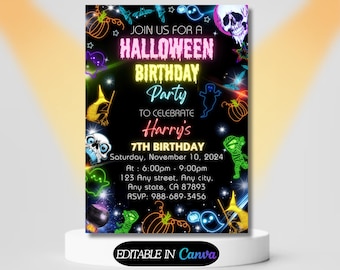 Editable Neon Halloween Party Invite glow Birthday invitation Halloween Invitation Halloween spooky party invite