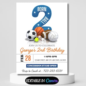 Zweite Geburtstagseinladung druckbarer Junge, geboren zwei Ball Sport Geburtstag, All Star bearbeitbare Sporteinladungsvorlage, geboren 2 Ball Einladung