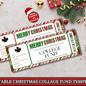 May include: Two Christmas-themed gift certificates with the text "Merry Christmas" and "College Fund." The certificates have a red and green candy cane border and include fields for "To," "From," and "Date."