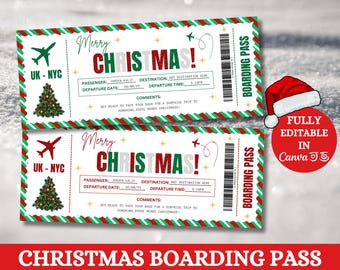 Christmas Boarding Pass Template, Editable Boarding Pass, Surprise Vacation Ticket, Xmas Boarding Ticket, Merry Christmas Boarding Pass