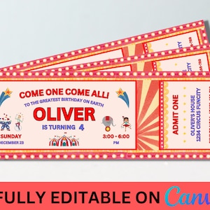 Invitation d'anniversaire de billet de carnaval, invitation de billet de cirque, invitation de carnaval, étiquette de remerciement de carnaval, modèle modifiable