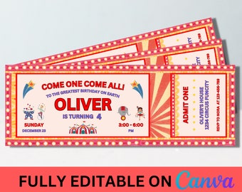 May include: A red and yellow circus ticket invitation for Oliver's 4th birthday party. The ticket says "Come one come all! To the greatest birthday on earth Oliver is turning 4". The ticket also includes the date and time of the party: Sunday, December 23, 3:00-6:00 PM. The ticket also includes the address of the party: Oliver's House, 1234 Circus Funcity. RSVP to Nora at 123-456-789.