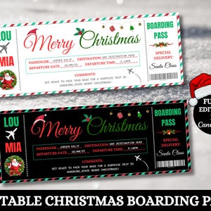 Modèle de carte d'embarquement de Noël, cadeau billet d'avion, révélation surprise de vacances, voyage surprise de Noël, modifiable, téléchargement immédiat