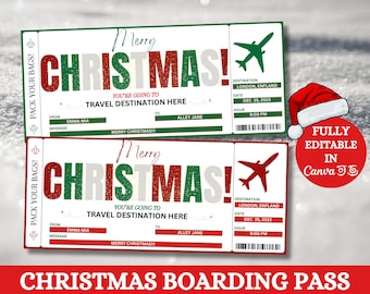 Christmas Boarding Pass. Boarding Pass Template. Surprise Trip. Surprise Vacation Printable. Christmas Travel. Editable Flight Ticket