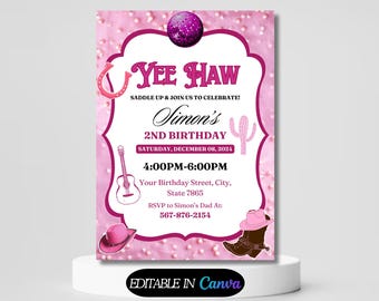 Editable Pink Cowgirl Birthday Party Invitation, Rodeo Birthday, Yee Haw Cowgirl Party, Printable Space Cowgirl Birthday Invitation Template