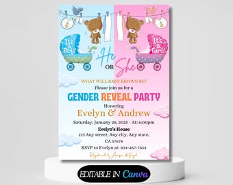 Gender Reveal Invitation Invite Teddy Bear Idea Gender Reveal Invitation Hot Air Balloons Pink And Light Blue He or She Canva Template