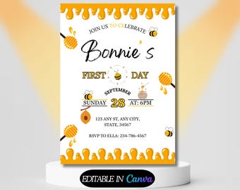 1st Bee Day Invitation Editable, Floral Girl First Birthday Invite, Bumble Bee Party Canva Template, Bee birthday Invitation, Editable Bee