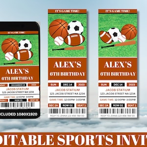 Editable Sports Ticket Invitation, All Star Invite, Electronic Sports Birthday, Printable Game Invite, Football-Baseball-Basketball-Soccer