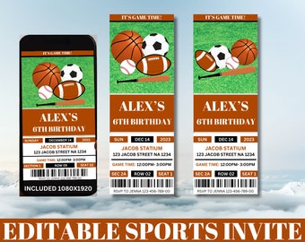Editable Sports Ticket Invitation, All Star Invite, Electronic Sports Birthday, Printable Game Invite, Football-Baseball-Basketball-Soccer