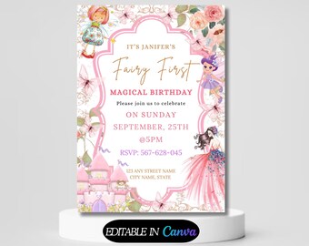 Fairy First Birthday Invitation Girl, Boho Arch Fairy 1st Birthday Invite, Garden, Enchanted Garden Fairy Invitation, Birthday Girl