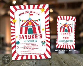 Carnival Birthday Invitation, Circus Birthday Invitation, Carnival Invitation, Carnival circus thank you tag, Editable Template