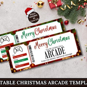 May include: Two Christmas-themed arcade gift tickets with a festive design. Each ticket features a pixelated game controller, the words "Merry Christmas," and space for personalization. The background includes holiday decorations.