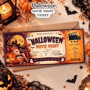 May include: A rectangular Halloween movie night ticket invitation featuring a haunted house, a ghost, pumpkins, and bats. The text reads: You're invited to a Halloween movie night, 31 Oct 202X, 7:00 PM, Chills & Thrills, Movie Lounge, 123 Nightmare, Darktown.