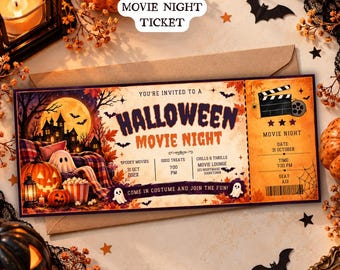 Halloween Movie Night Ticket, Editable Halloween Event Ticket, Spooky Movie Party Pass, Printable Halloween Party Invitation