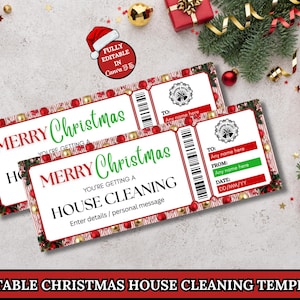 May include: Two Christmas tickets with red and green detailing. The tickets say "MERRY Christmas" and "YOU'RE GETTING A HOUSE CLEANING". Each ticket has a barcode and space to add details.