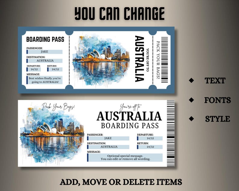 Digital AUSTRALIA Surprise Trip Ticket, Australia Printable Boarding ...