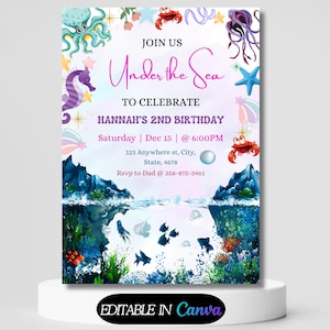 Oneder the Sea Birthday Invitation Printable, Under the Sea Editable Template, 1st Birthday Invite, Ocean Animals Girls Under the Sea Invite
