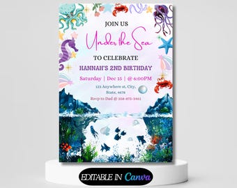 Oneder the Sea Birthday Invitation Printable, Under the Sea Editable Template, 1st Birthday Invite, Ocean Animals Girls Under the Sea Invite