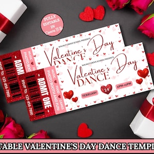 Könnte beinhalten: Zwei Valentinstags-Tanzkarten mit roten und weißen Designs. Die Karten tragen den Text "Valentine's Day Dance" und enthalten Herzen, das Datum und die Uhrzeit. Die Karten sind von Rosen und Geschenkboxen umgeben.