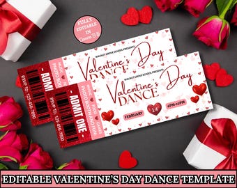 Editable Valentine's Day Dance Ticket Template, Valentines School Dance Event Party Ticket, School Dance Printable, Instant Download