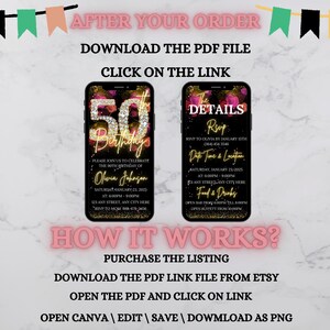 May include: A digital download for a 50th birthday party invitation. The invitation is black with gold glitter text and pink flowers. The text on the invitation says "50th Birthday" and "The Details".