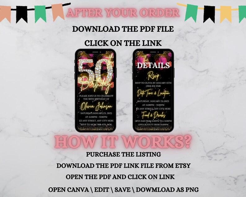 May include: A digital download for a 50th birthday party invitation. The invitation is black with gold glitter text and pink flowers. The text on the invitation says "50th Birthday" and "The Details".