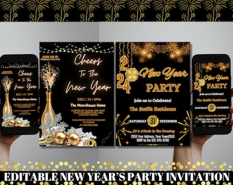EDITABLE New Years Party Invitation, Cheers To The New Year, Printable 2024 New Years Eve Party Invitation Template Instant Download