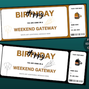 Editable Weekend Getaway Voucher Template, Surprise Trip gift ticket, Weekend Getaway Birthday Trip Away Trip Voucher #188 INSTANT DOWNLOAD