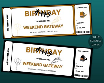 Editable Weekend Getaway Voucher Template, Surprise Trip gift ticket, Weekend Getaway Birthday Trip Away Trip Voucher #188 INSTANT DOWNLOAD