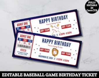 Baseball Game Ticket Gift Template, Baseball Gift Certificate Birthday Gift Ticket, Baseball Season Surprise Ticket Printable Voucher