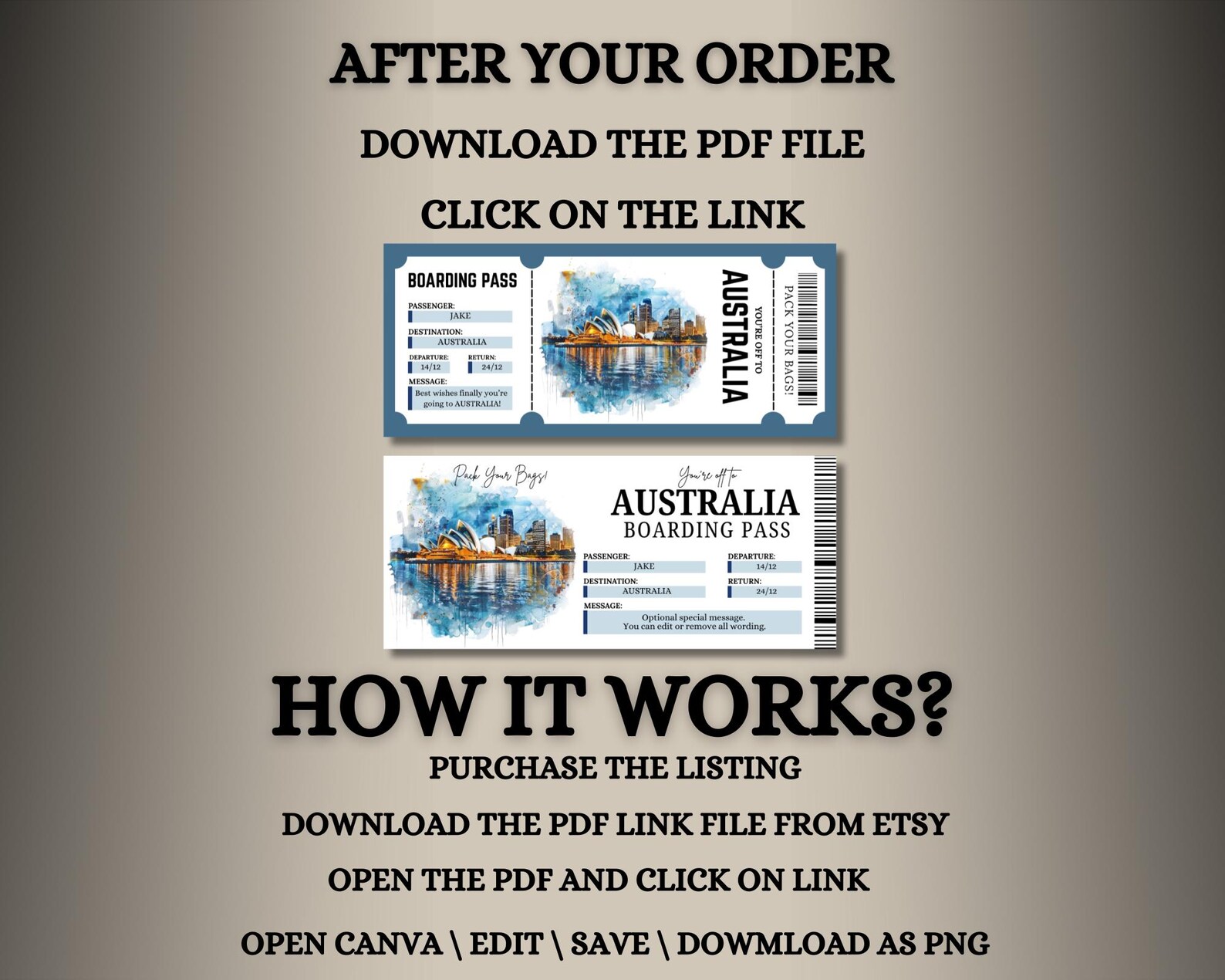 Digital AUSTRALIA Surprise Trip Ticket, Australia Printable Boarding ...