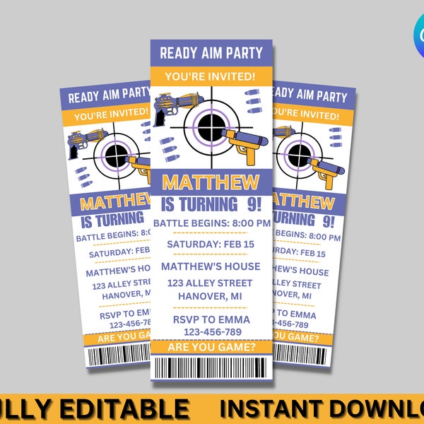 Nerf Birthday Party Invitation Printable Template, Editable Birthday Invitation, Dart War Birthday Ticket