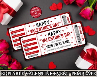 May include: Two red and white Valentine's Day event tickets with the text "Happy Valentine's Day" and space for personalization. The tickets have a barcode and heart accents. The image also includes red roses, heart-shaped decorations, and gift boxes.