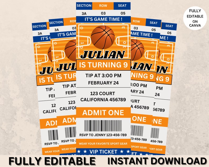 Basketball Invitation Birthday Sports Ticket Style Party Invite ANY Age DIGITAL Editable Printable Invite Basketball Ticket image 1