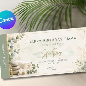 May include: A rectangular gift voucher featuring a cream background with gold accents, green eucalyptus leaves, stacked grey stones, a white orchid, and a rolled towel. Text reads: HAPPY BIRTHDAY EMMA, WE'RE GOING FOR A Spa Day, AT ANY STREET TOWNHOUSE, 02 11 24, Love from SOPHIA, RELAX & UNWIND.