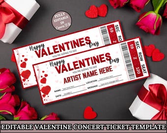Printable Valentines Day Concert Gift Ticket | Surprise Gift Certificate Template Edit | Download And Print | Concert Ticket |Vday Template