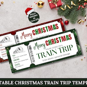 Peut inclure: Deux billets de voyage en train pour Noël avec des bordures rouges et vertes. Les billets indiquent « Joyeux Noël, vous partez en voyage en train ». Les billets ont de l'espace pour ajouter des noms et des dates. L'image est entourée de décorations de Noël.