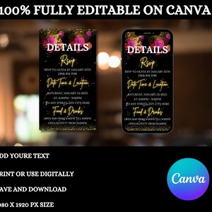 May include: Editable digital invitation template for a party with a gold and pink color scheme. The text reads "The Details" and "RSVP to Olivia by January 15th (364) 454 3546". The template is 1080 x 1920 pixels and can be edited on Canva.
