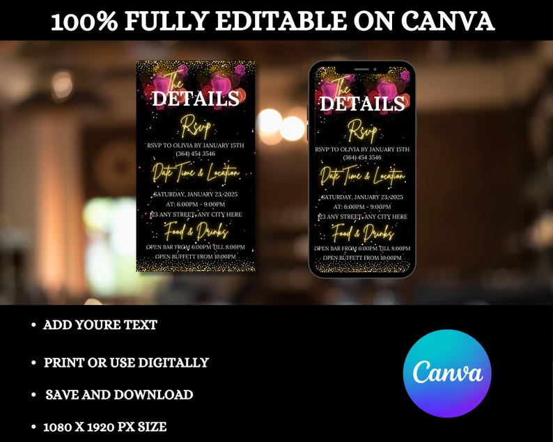 May include: Editable digital invitation template for a party with a gold and pink color scheme. The text reads "The Details" and "RSVP to Olivia by January 15th (364) 454 3546". The template is 1080 x 1920 pixels and can be edited on Canva.