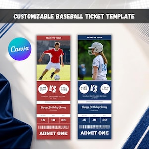 Puede incluir: Dos plantillas de entradas de béisbol personalizables con diseño rojo y azul. Cada entrada muestra una foto de un jugador, espacios para logotipos de equipo, el texto "Happy Birthday Jonny", "ADMIT ONE" y números de sección, fila y asiento.