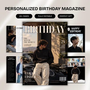 Może przedstawiać: Spersonalizowany szablon magazynu urodzinowego z okładką przedstawiającą osobę opartą o czarny samochód, zatytułowany BIRTHDAY MAGAZINE. Układ zawiera wiele stron z miejscami na zdjęcia, sekcjami tekstowymi oraz nagłówkiem 24 AND STILL ICONIC.