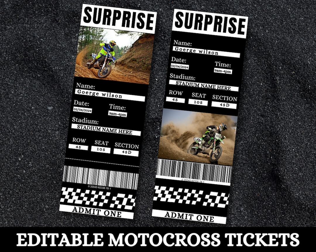 Printable Gift Motocross Tickets, Editable Motocross Tickets, Fake