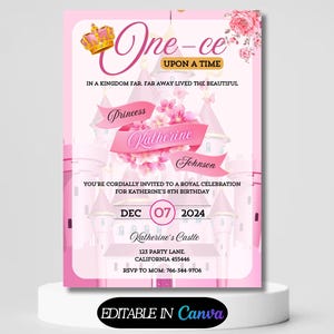 Princess Birthday Invitation, Princess Birthday party evite, Editable pink Princess party invitation template, Princess Invitation